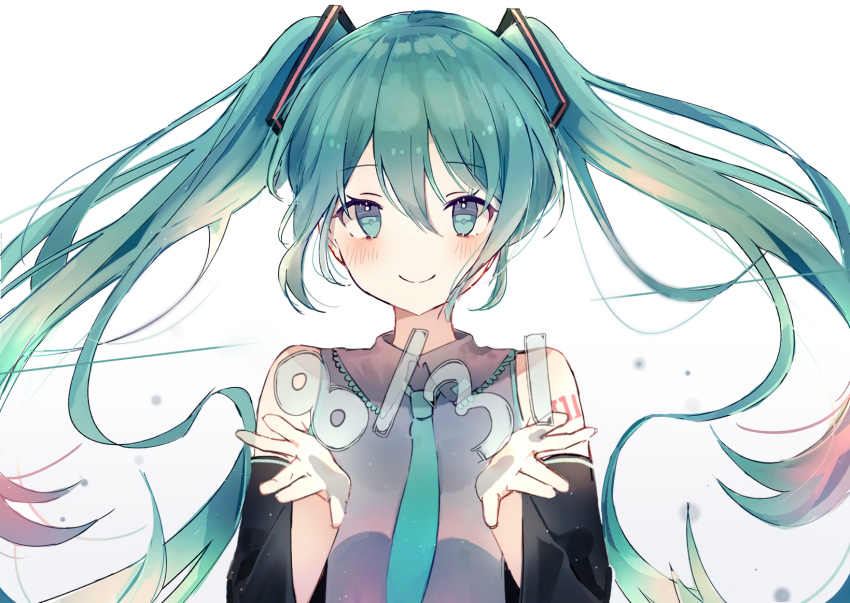 bad_id bad_pixiv_id bare_shoulders blue_eyes blue_hair blue_neckwear blush commentary damo_(xdzt8552) detached_sleeves english_commentary eyebrows_visible_through_hair floating_hair grey_shirt hands_up happy hatsune_miku highres long_hair looking_at_viewer necktie no_nose number see-through shirt simple_background sleeveless sleeveless_shirt smile solo twintails upper_body vocaloid white_background