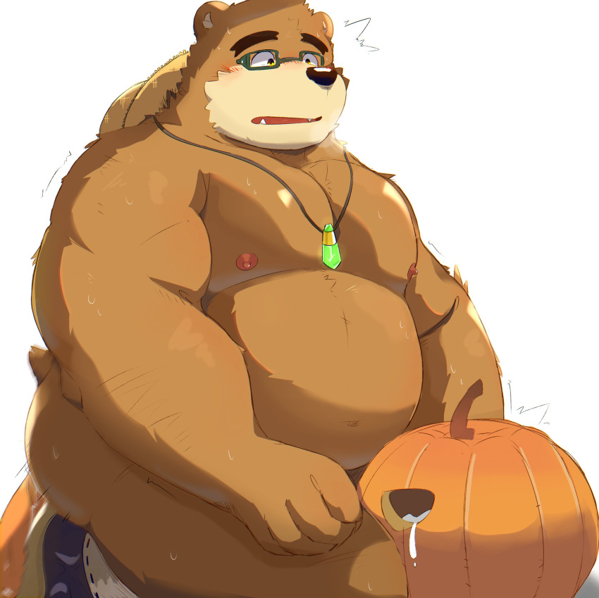 bear belly bhtoss blush butt cum eyewear food fruit glasses hat huff improvised_sex_toy jewelry male mammal necklace nipples nude overweight pecs pumpkin slightly_chubby straw_hat tokyo_afterschool_summoners volos