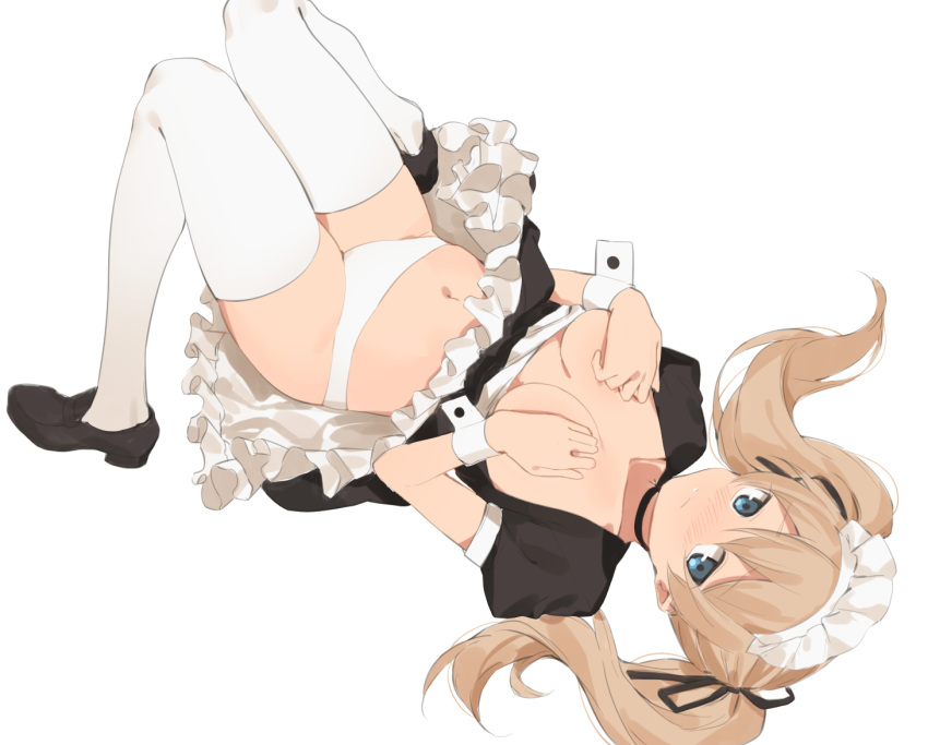 2l_(2lsize) bangs black_footwear blonde_hair blue_eyes blush breasts closed_mouth covering covering_breasts dress dress_lift frills hair_between_eyes jitome knees_up loafers long_hair looking_at_viewer lying maid maid_headdress medium_breasts navel nose_blush on_back original panties shoes short_sleeves simple_background skirt skirt_lift solo thighhighs thighs underwear white_background white_legwear white_panties