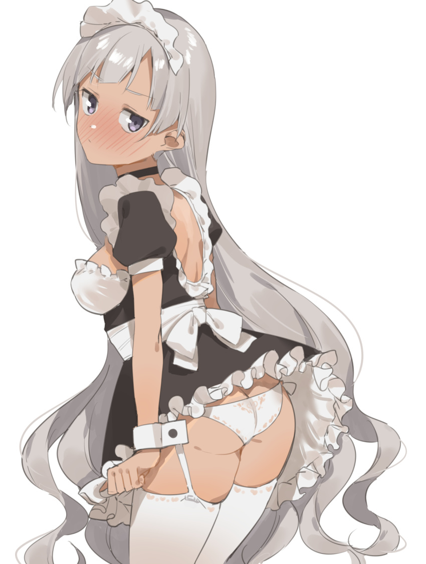 2l_(2lsize) ass bangs black_dress blush breasts closed_mouth dress frills full-face_blush garter_straps highres jitome long_hair looking_at_viewer looking_back maid original panties purple_eyes short_sleeves silver_hair simple_background small_breasts solo tan thighhighs thighs underwear very_long_hair wavy_hair white_background white_panties wrist_cuffs