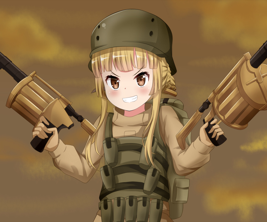 bangs blonde_hair blurry blurry_background blush brown_eyes brown_gloves brown_jacket cloud cloudy_sky commentary_request depth_of_field dual_wielding eyebrows_visible_through_hair fukaziroh_(sao) gloves grenade_launcher grin gun helmet holding holding_gun holding_weapon jacket knife_in_hair koyuki_(azumaya999) long_hair long_sleeves looking_at_viewer mgl-140 military military_uniform outdoors rightony_&amp;_leftania sidelocks sky smile solo sword_art_online sword_art_online_alternative:_gun_gale_online trench_knife uniform upper_body v-shaped_eyebrows weapon