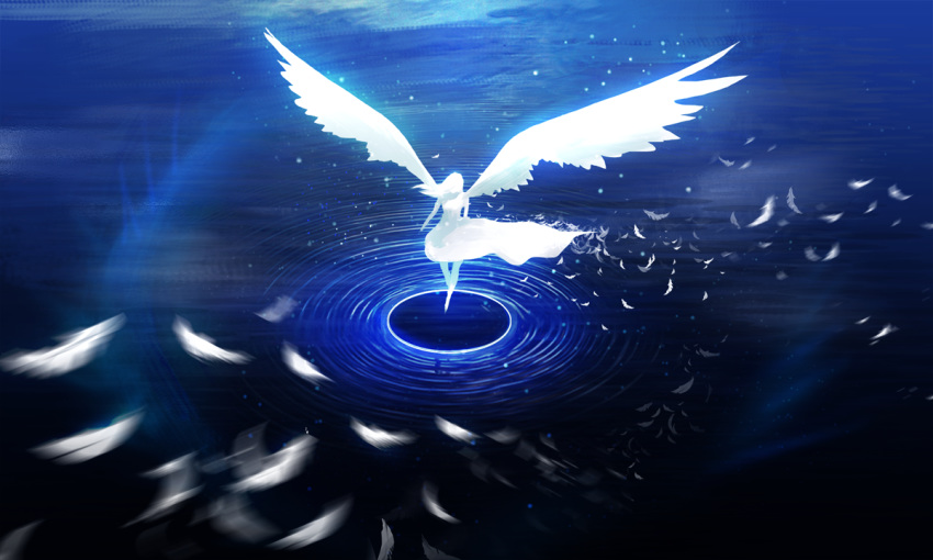 angel_wings artist_request dress feathers floating glowing long_hair ocean original reflection solo source_request water wings