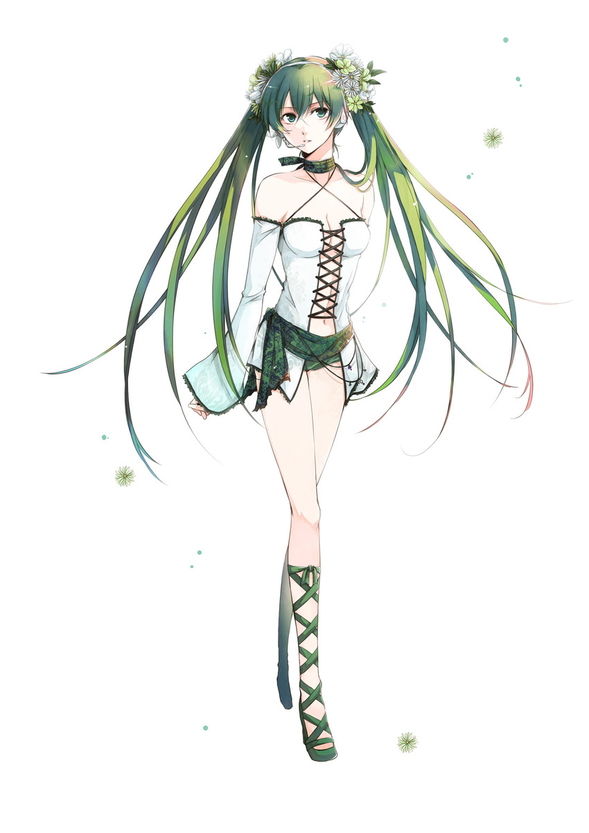 bad_id bad_pixiv_id bare_shoulders choker corset cross-laced_footwear flower full_body green_eyes green_hair hair_flower hair_ornament halterneck hatsune_miku headphones headset highres legs long_hair navel sasahara_rena shoes simple_background solo standing twintails very_long_hair vocaloid