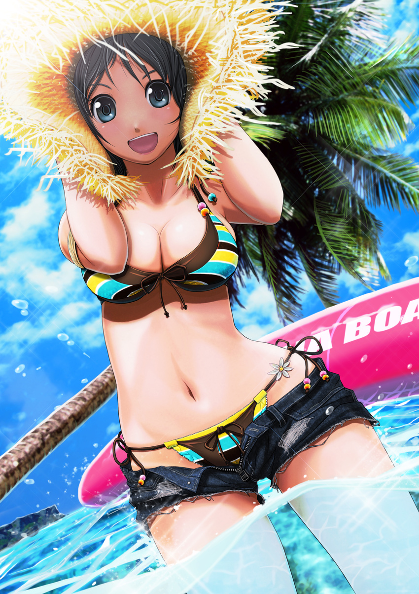 :d absurdres arms_up bikini bikini_under_clothes black_hair blue_eyes blush breasts cleavage denim denim_shorts dutch_angle front-tie_top hat highres horizon large_breasts looking_at_viewer midriff ocean open_fly open_mouth original palm_tree shorts side-tie_bikini smile solo straw_hat sunlight swimsuit swimsuit_under_clothes tree unbuttoned unzipped v-mag wading water wide_hips