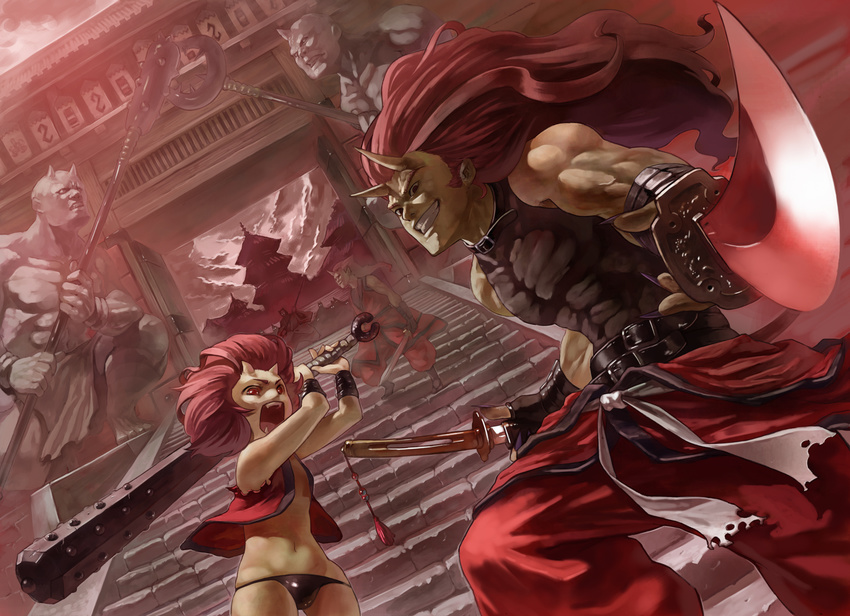 6+boys bad_id bad_pixiv_id belt club dutch_angle fangs foreshortening highres horns long_hair lowleg lowleg_panties multiple_boys muscle navel oni original panties red_eyes red_hair short_hair stairs statue sword takeda_kanryuusai underwear weapon