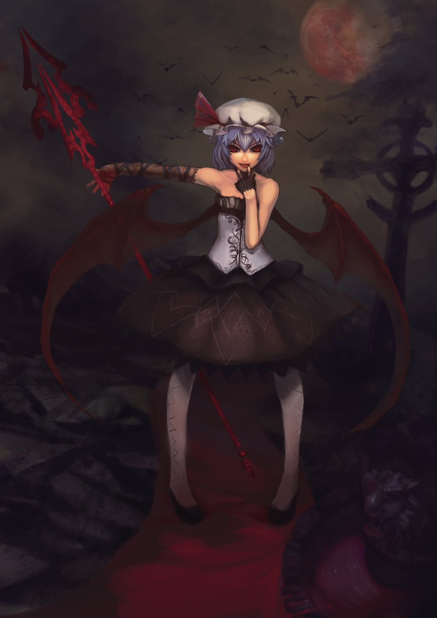 :p absurdres alternate_costume bare_shoulders bat blue_hair charimei cross dress finger_to_mouth fingerless_gloves full_moon gloves hat hat_ribbon highres moon night outstretched_arm polearm red_eyes red_moon remilia_scarlet ribbon short_hair solo spear spear_the_gungnir standing tombstone tongue tongue_out touhou vampire weapon