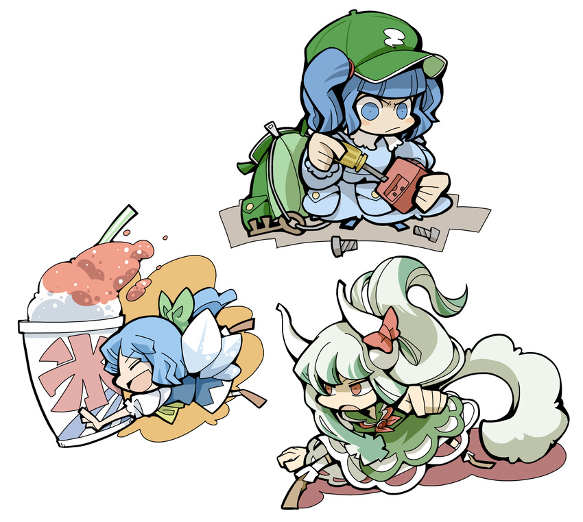 bad_id bad_pixiv_id chibi cirno ex-keine hat highres horns hounori kamishirasawa_keine kawashiro_nitori multiple_girls screwdriver shaved_ice touhou two_side_up