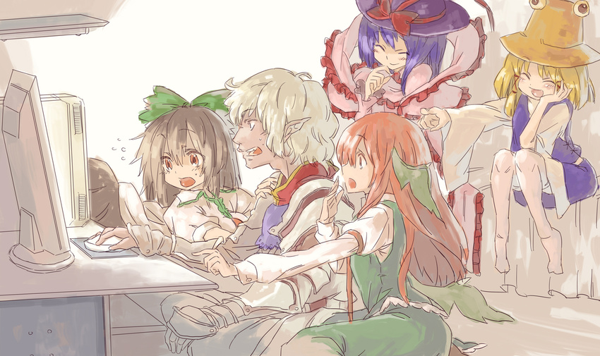 4girls bad_id bad_pixiv_id buront computer final_fantasy final_fantasy_xi highres koakuma matsutani moriya_suwako multiple_girls nagae_iku reiuji_utsuho the_iron_of_yin_and_yang touhou