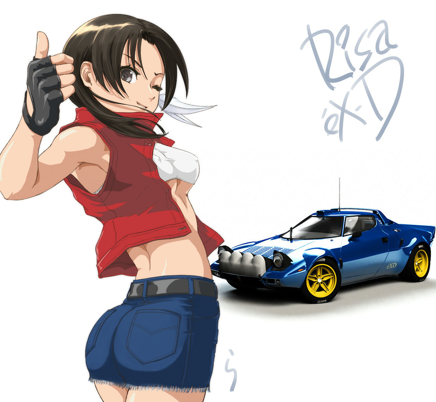 armpits ass back black_eyes black_hair breasts car covered_nipples cutoff_jeans cutoffs denim denim_shorts ex-driver fingerless_gloves gloves ground_vehicle highres lancia_(brand) lancia_stratos left-hand_drive looking_back medium_breasts midriff motor_vehicle no_bra one_eye_closed rasukaru sakakino_lisa short_shorts shorts solo thumbs_up twisted_torso underboob