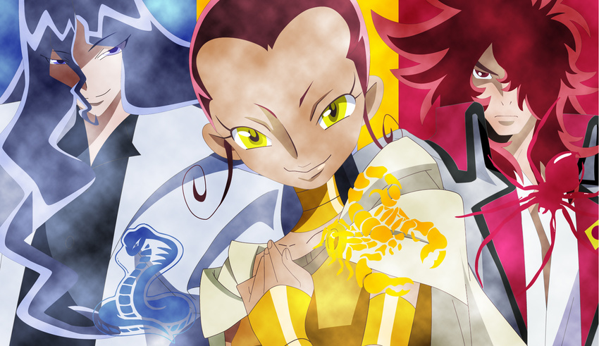 2boys bad_id bad_pixiv_id blue_eyes blue_hair bug cape choker cobra_(animal) cobraja curly_hair hair_up heartcatch_precure! highres kumojacky long_hair multiple_boys precure rainbow_order red_eyes red_hair sasorina scorpion spider wanco yellow_eyes