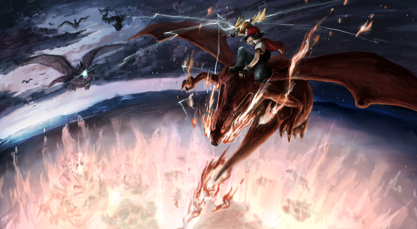 aerial_battle aerodactyl baseball_cap battle black_hair charizard cloud dragonite electricity epic fearow fingerless_gloves fire flygon flying gen_1_pokemon gen_2_pokemon gen_3_pokemon gloves glowing golem_(pokemon) group_battle gyarados hat highres jacket night pikachu pokemon pokemon_(creature) pokemon_(game) red_(pokemon) red_(pokemon_rgby) salamence toi_(number8) tyranitar wataru_(pokemon)