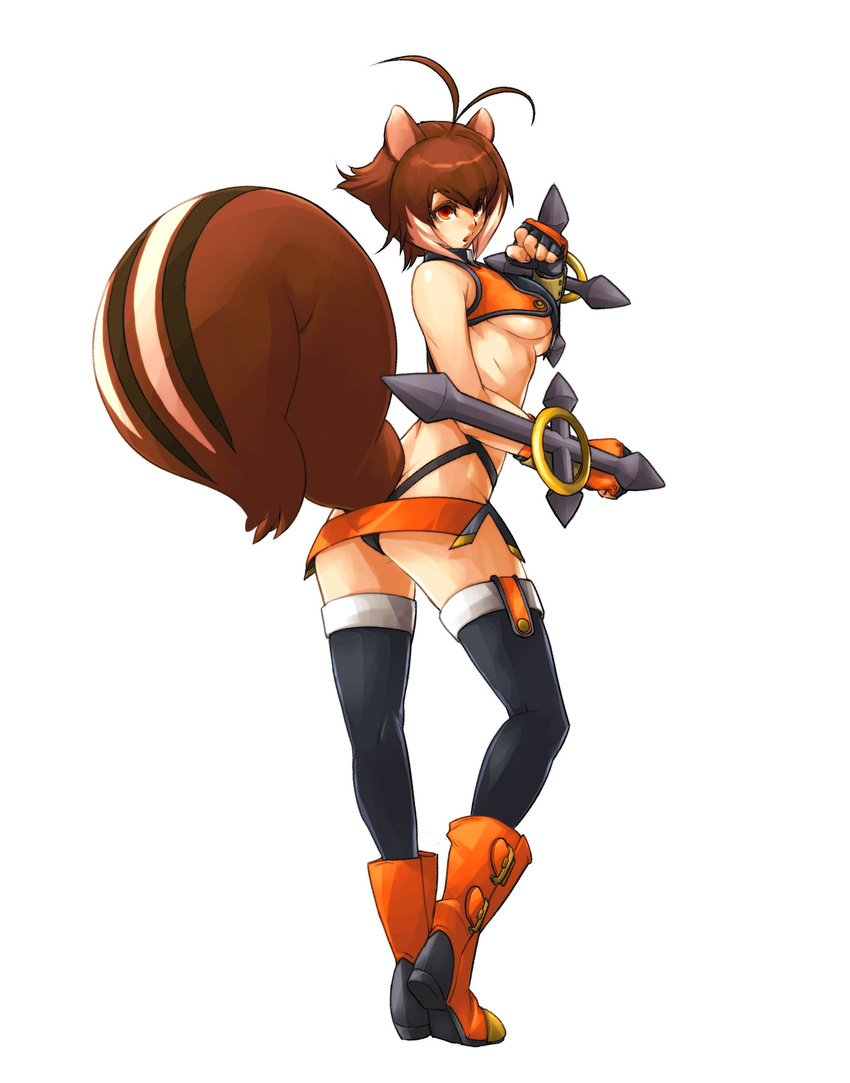 :o absurdres animal_ears antenna_hair ass black_legwear blazblue blazblue:_continuum_shift boots breasts brown_hair crop_top dual_wielding fighting_stance fingerless_gloves from_behind full_body gloves highres holding katou_yuuki large_breasts looking_back lowleg makoto_nanaya multicolored_hair no_bra official_art open_mouth orange_skirt red_eyes revealing_clothes short_hair simple_background skirt solo squirrel_ears squirrel_girl squirrel_tail standing tail thighhighs tonfa two-tone_hair underboob weapon white_hair zipper