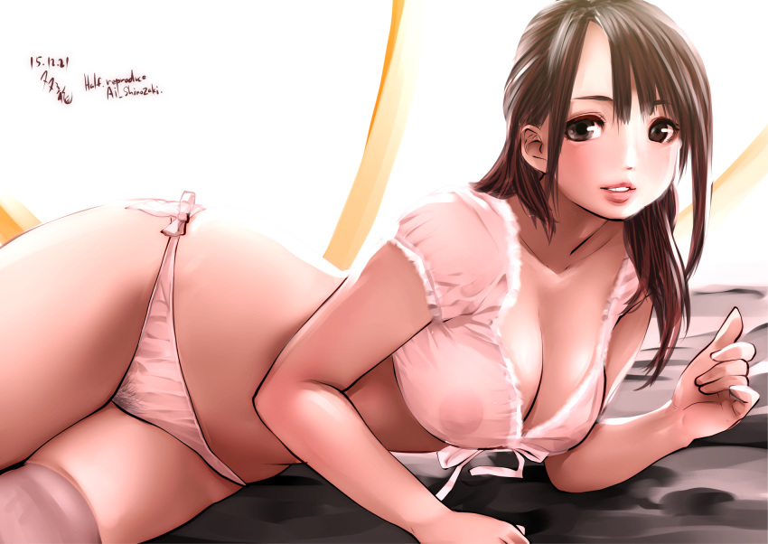 arm_support artist_name bangs breasts character_name cleavage commentary covered_nipples crop_top dated front-tie_top highres light_smile lips long_hair looking_at_viewer lying medium_breasts on_side original panties parted_lips pink_legwear pubic_hair reference_work see-through shinozaki_ai_(real_life) shirt short_sleeves side-tie_panties signature skindentation solo souryu thighhighs underwear white_panties white_shirt