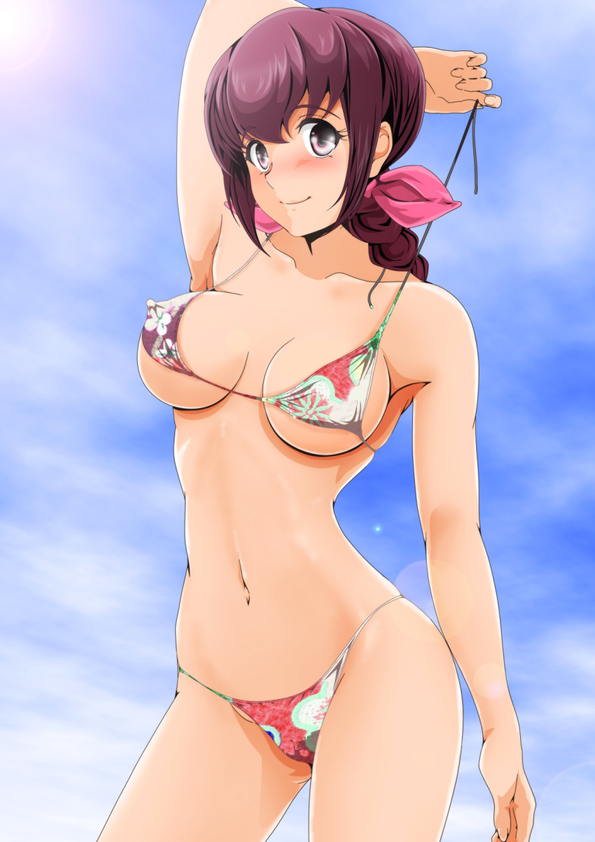 arm_behind_head arm_up armpits ass_visible_through_thighs bangs bikini blue_sky blush brown_eyes brown_hair closed_mouth cloud cloudy_sky covered_nipples cowboy_shot day floral_print hair_ribbon highres hoshizora_ikuyo jewelry lens_flare long_hair looking_at_viewer multicolored multicolored_bikini multicolored_clothes nanashi_noiji navel necklace outdoors pink_ribbon ponytail precure print_bikini ribbon sky smile smile_precure! solo standing string_bikini swimsuit untied untied_bikini untying