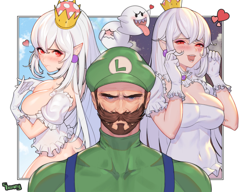 1girl absurdres beard blue_overalls boo breasts brown_hair butt_crack caucasian choney cleavage collar commentary_request covered_navel covering_face crown dual_persona embarrassed facial_hair frilled_collar frills gloves green_hat green_shirt half-closed_eyes hat highres large_breasts looking_at_viewer luigi luigi's_mansion mario_(series) mini_crown muscle mustache new_super_mario_bros._u_deluxe no_pants non-asian open_mouth outside_border overalls pointy_ears princess princess_king_boo realistic red_eyes serious sharp_teeth shirt single_letter super_crown super_mario_bros. teeth tilted_headwear white_gloves white_hair