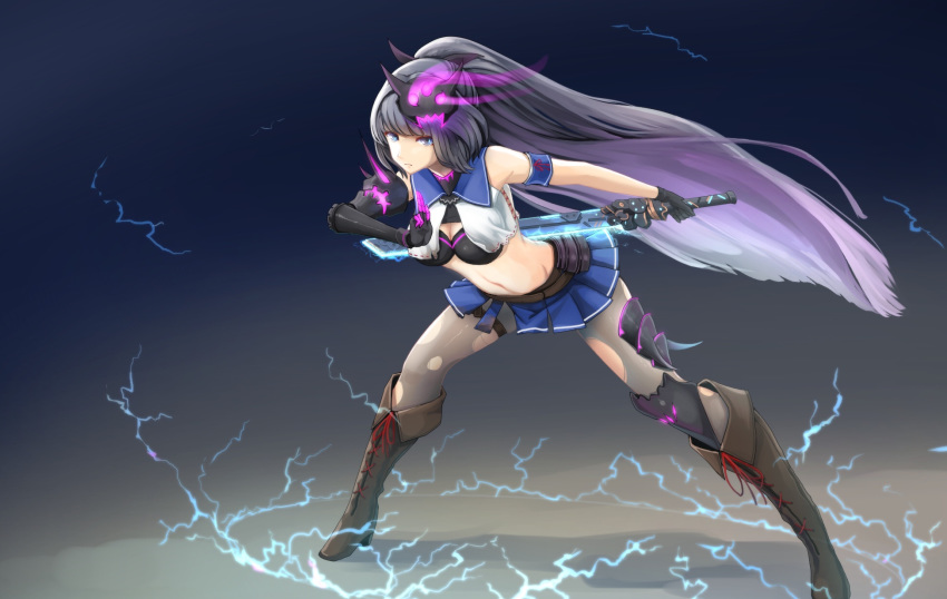 armband benghuai_xueyuan black_bikini_top black_gloves breasts closed_mouth crop_top electricity fighting_stance gloves glowing gradient gradient_background highres holding holding_sword holding_weapon honkai_impact kikivi left-handed long_hair looking_at_viewer mask mask_on_head medium_breasts pantyhose pleated_skirt ponytail purple_eyes purple_hair raiden_mei reverse_grip sailor_collar skirt solo sword torn_clothes torn_legwear weapon