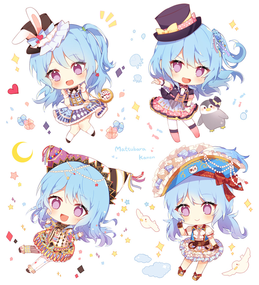 :d alice_in_wonderland alternate_hairstyle animal_ears bang_dream! bangs bird black_neckwear blue_flower blue_hair blue_rose blush bow bowtie bunny_ears character_name chibi confetti cosplay crescent dress fake_animal_ears flower frilled_dress frilled_hat frills hands_up hat hat_bow hat_flower head_chain heart highres jester_cap long_hair matsubara_kanon mismatched_legwear multicolored multicolored_clothes multicolored_dress multiple_girls multiple_persona notice_lines one_side_up open_mouth penguin petals pirate_hat pocket_watch pointing print_dress purple_eyes rose short_sleeves smile sparkle star striped striped_legwear taya_5323203 top_hat twintails v-shaped_eyebrows vertical-striped_legwear vertical_stripes watch white_flower white_legwear white_neckwear white_rabbit white_rabbit_(cosplay) white_rose wrist_cuffs yellow_bow