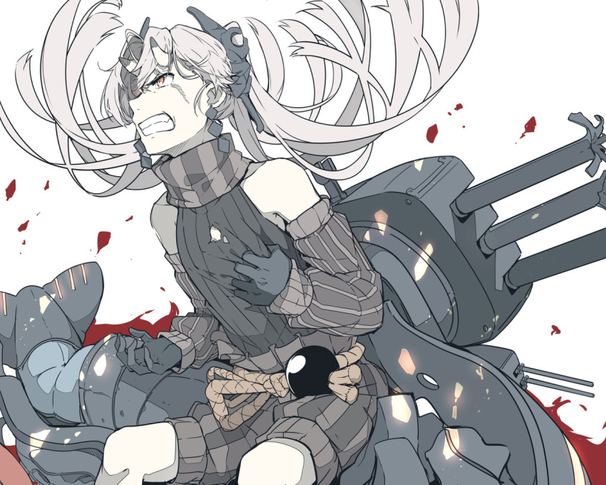 abyssal_crane_hime angry clutching_chest cowboy_shot detached_sleeves earrings gloves horns japanese_clothes jewelry kantai_collection long_hair looking_away ninimo_nimo orange_eyes pale_skin shinkaisei-kan solo white_hair