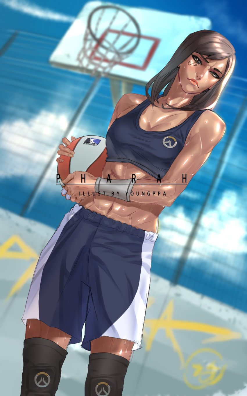 abs artist_name ball bandaid_on_finger bangs basketball basketball_hoop black_hair breasts brown_eyes character_name cleavage commentary dark_skin dutch_angle english_commentary eye_of_horus facial_tattoo hair_down highres knee_pads lips medium_breasts medium_hair midriff nose over-kneehighs overwatch overwatch_(logo) pharah_(overwatch) shorts solo sports_bra sportswear sweat swept_bangs tattoo thighhighs toned wristband youngppa
