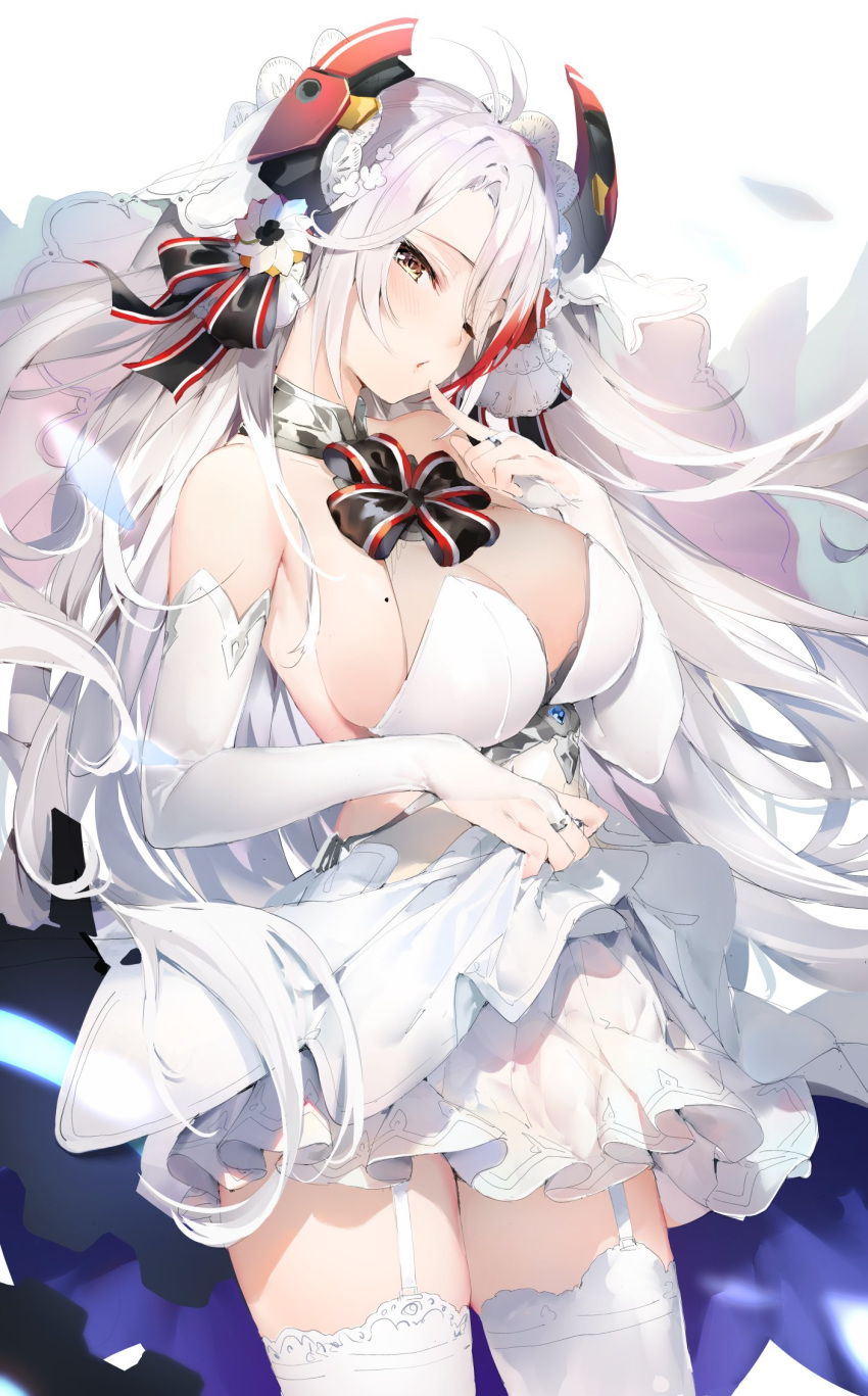 antenna_hair azur_lane bangs bare_shoulders black_bow black_ribbon blush bow breasts bridal_gauntlets bridal_veil brown_eyes cleavage closed_mouth commentary_request cowboy_shot dress eyebrows_visible_through_hair finger_to_mouth flower garter_straps hair_bow hair_flower hair_ornament hand_up head_tilt headgear highres jewelry large_breasts long_hair looking_at_viewer mole mole_on_breast multicolored_hair one_eye_closed prinz_eugen_(azur_lane) ribbon ring see-through sideboob silver_hair skirt skirt_lift solo standing streaked_hair striped striped_bow swept_bangs thighhighs thighs two_side_up umibouzu_(niito) veil very_long_hair wedding_dress white_background white_dress white_legwear yellow_eyes
