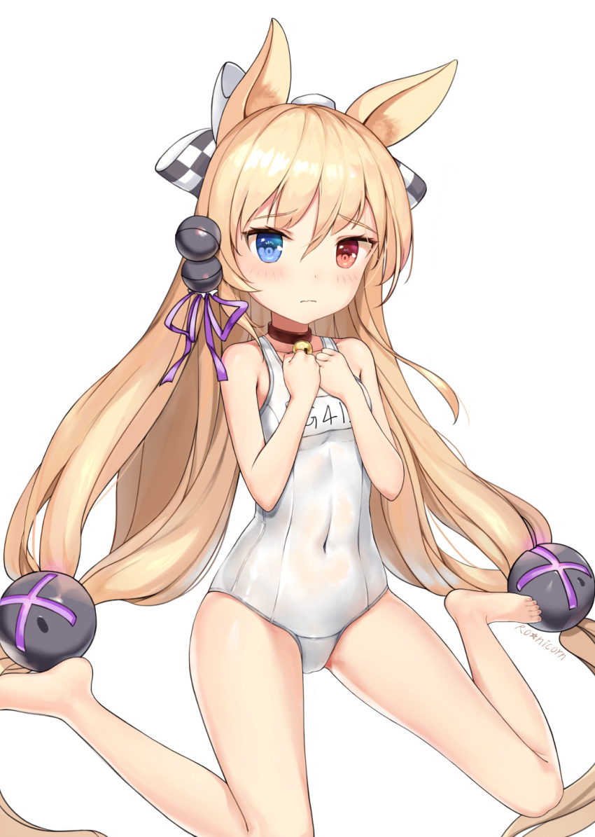 animal_ears barefoot beads bell blonde_hair cat_ears collar commentary_request covered_navel g41_(girls_frontline) girls_frontline hair_beads hair_ornament hands_on_own_chest heterochromia highres jingle_bell legs long_hair low-tied_long_hair mr_arme one-piece_swimsuit ribbon school_swimsuit simple_background sitting solo spread_legs swimsuit toes twintails very_long_hair white_background white_school_swimsuit white_swimsuit