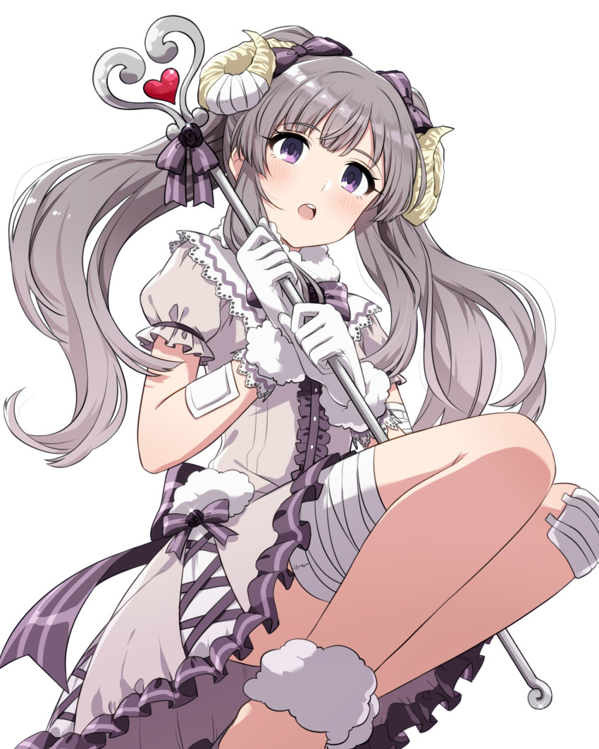 bandages bandaid commentary_request dress eyebrows_visible_through_hair gloves grey_hair highres horns idolmaster idolmaster_shiny_colors long_hair looking_at_viewer nagami_tami open_mouth purple_eyes solo staff twintails white_background white_dress white_gloves yuukoku_kiriko