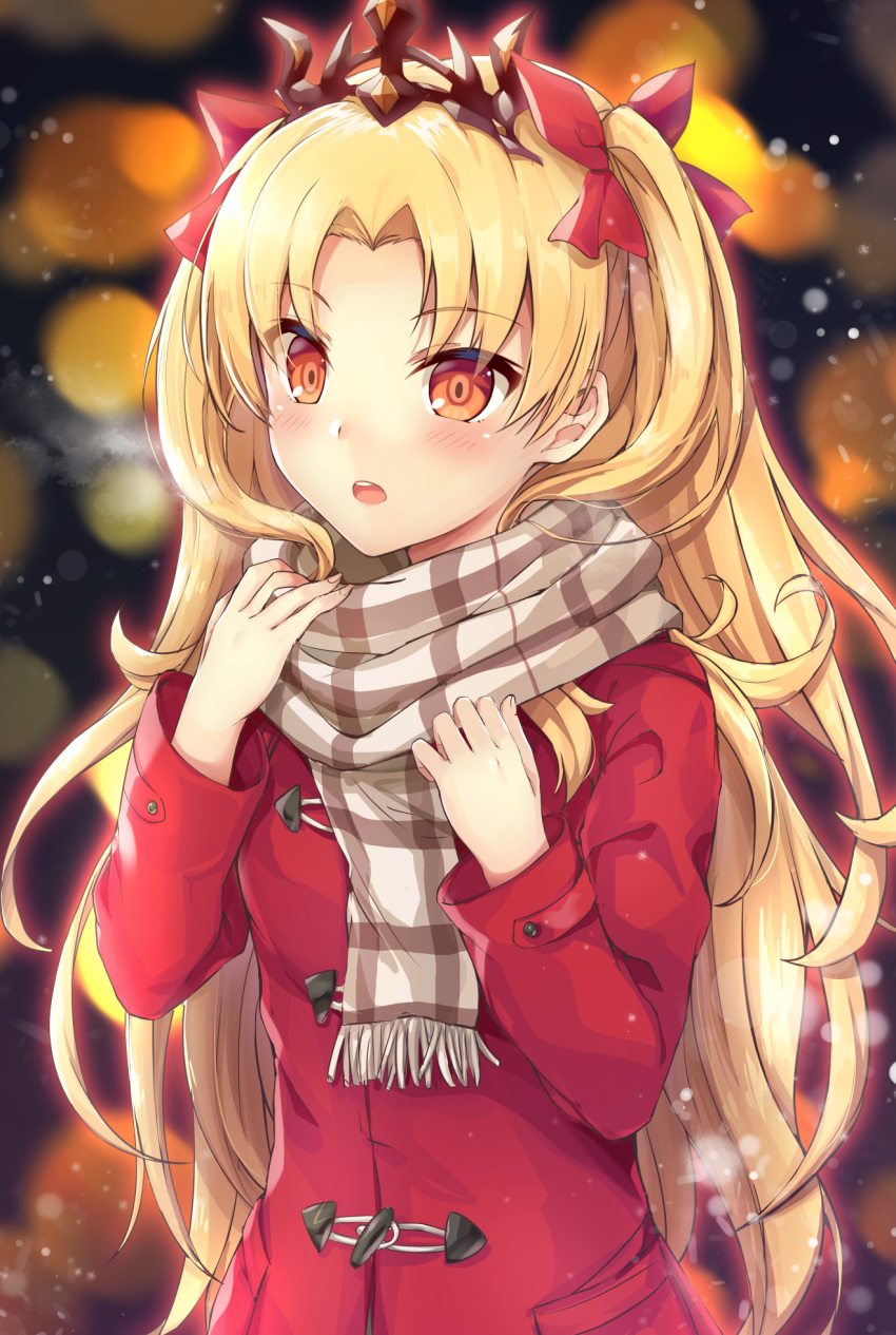 bangs blonde_hair blurry blurry_background blush bow breasts brown_scarf coat commentary_request depth_of_field enpera ereshkigal_(fate/grand_order) eyebrows_visible_through_hair fate/grand_order fate_(series) fingernails forehead fringe_trim hair_bow highres long_hair long_sleeves open_mouth parted_bangs plaid plaid_scarf red_bow red_coat red_eyes round_teeth samoore scarf small_breasts solo teeth tiara two_side_up upper_body upper_teeth very_long_hair