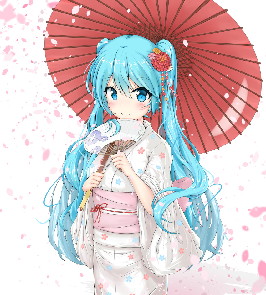 absurdres blue_eyes blue_hair blush bow breasts commentary cowboy_shot falling_petals fan flower flower_ornament hair_flower hair_ornament hatsune_miku highres holding holding_fan holding_umbrella japanese_clothes kimono long_hair long_sleeves looking_at_viewer mikoo_o39 oriental_umbrella paper_fan pink_petals print_kimono red_umbrella shadow small_breasts smile twintails umbrella very_long_hair vocaloid white_background white_kimono yukata