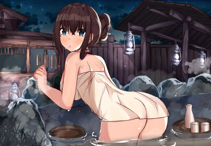 absurdres alcohol alternate_hairstyle ass bath bathing bending_forward blue_eyes blush bottle breasts brown_hair bucket cloud commentary_request cowboy_shot eyebrows_visible_through_hair from_behind from_side hair_between_eyes hair_over_shoulder highres idolmaster idolmaster_cinderella_girls large_breasts long_hair looking_at_viewer naked_towel night night_sky norazura onsen open_mouth outdoors rock sagisawa_fumika sake sake_bottle sidelocks sky solo star_(sky) starry_sky steam thighs towel wading water wet