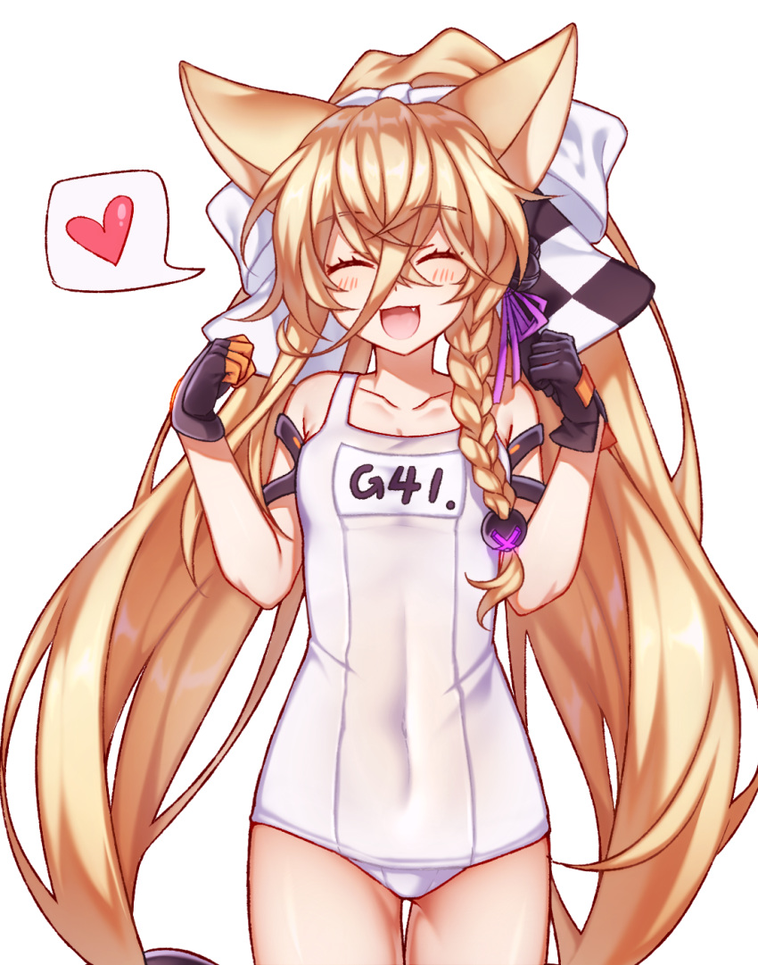 :d ^_^ animal_ears arm_strap bangs bare_shoulders black_gloves blush bow braid character_name checkered clenched_hands closed_eyes collarbone commentary_request competition_swimsuit covered_navel cowboy_shot facing_viewer fang g41_(girls_frontline) girls_frontline gloves hair_between_eyes hair_bow hair_ornament hair_ribbon hands_up heart high_ponytail highres korean_commentary large_bow long_hair low-tied_long_hair mismatched_gloves ms_(mintiya0416) name_tag one-piece_swimsuit open_mouth purple_ribbon ribbon side_braid simple_background single_braid smile solo speech_bubble spoken_heart swimsuit thigh_gap very_long_hair white_background white_bow white_swimsuit