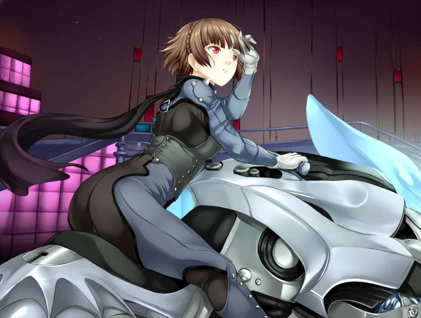 ass bangs biker_clothes bodysuit braid brown_hair buttons corset cowboy_shot crown_braid from_side gloves ground_vehicle hand_in_hair hand_up highres joanna_(persona_5) leaning_forward looking_afar motor_vehicle motorcycle niijima_makoto no_mask parted_lips persona persona_5 red_eyes riding scarf short_hair shoulder_spikes solo_focus spikes yomitrooper