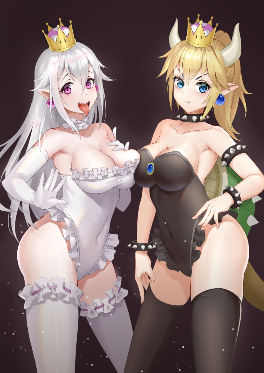 :d :t absurdres adapted_costume armlet armpits asymmetrical_docking bangs bare_hips bare_shoulders black_collar black_leotard blonde_hair blue_eyes blush bowsette bracelet breast_press breast_suppress breasts brown_background cleavage closed_mouth collar collarbone commentary_request contrapposto covered_navel crown earrings elbow_gloves frilled_legwear frilled_leotard frills gem gloves hair_between_eyes hand_on_hip hand_on_own_chest hand_on_own_thigh high_ponytail highleg highleg_leotard highres hongye_feixue horns jewelry large_breasts leg_garter leotard light_particles long_hair looking_at_viewer luigi's_mansion mario_(series) matching_outfit mini_crown multiple_girls neck_garter new_super_mario_bros._u_deluxe open_mouth pink_eyes pointy_ears ponytail pout princess princess_king_boo sapphire_(stone) sharp_teeth shiny shiny_hair sidelocks silver_trim smile spiked_armlet spiked_bracelet spiked_collar spiked_shell spikes standing straight_hair strapless strapless_leotard super_crown tail teeth thighhighs thighs tongue tongue_out turtle_shell upper_teeth v-shaped_eyebrows very_long_hair white_frills white_gloves white_hair white_legwear white_leotard