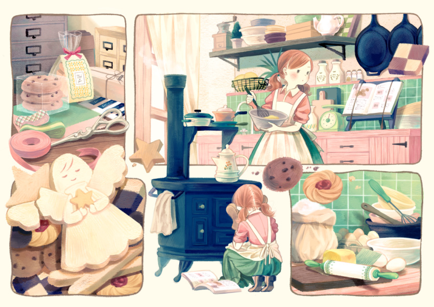 angel apron bad_id bad_pixiv_id bag blush book bottle butter checkerboard_cookie chest_of_drawers chocolate_chip_cookie coffee_grinder collared_shirt commentary_request cookie cooking curtains cutting_board egg flour food from_behind frying_pan green_skirt holding indoors jam_cookie kitchen kitchen_scale looking_away low_twintails medium_hair mixing mixing_bowl multiple_views open_book orange_hair original oven pink_shirt plastic_bag pot recipe_(object) ribbon rolling_pin scissors shelf shirt skirt somemachi squatting star stove teapot thumbprint_cookie twintails weighing_scale whisk window