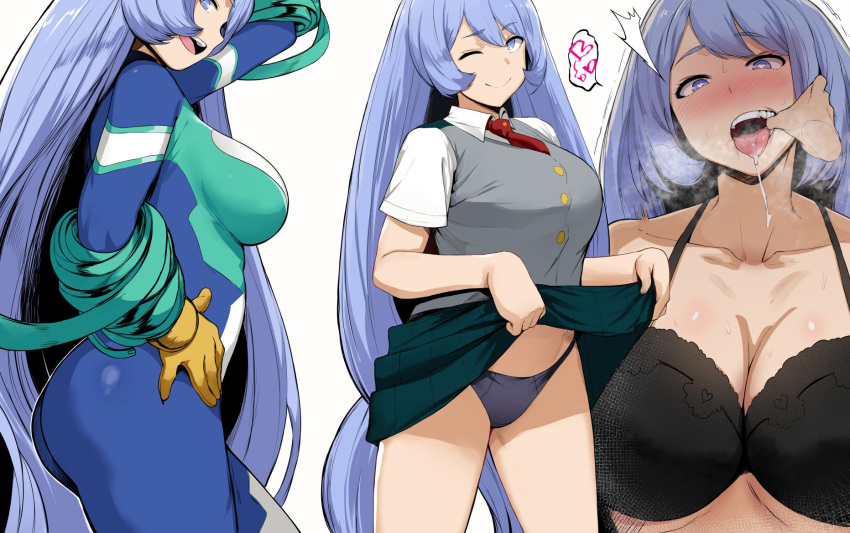 ;) ass black_bra blue_eyes blue_hair blue_panties blush bodysuit boku_no_hero_academia bra breasts breath cleavage commentary_request contrapposto cowboy_shot eyebrows_visible_through_hair from_side hadou_nejire hand_on_hip heart heart-shaped_pupils hews_hack highres large_breasts lifted_by_self long_hair looking_at_viewer multiple_views necktie one_eye_closed panties school_uniform simple_background skirt skirt_lift smile symbol-shaped_pupils tongue tongue_out u.a._school_uniform underwear very_long_hair vest