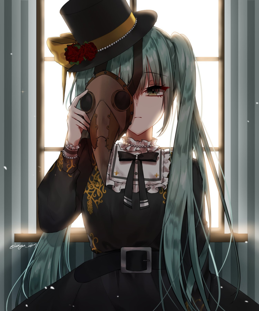 bangs belt belt_buckle black_belt black_dress black_ribbon blue_hair buckle commentary cuffs dress eyebrows_visible_through_hair eyes_visible_through_hair flower gothic_lolita green_eyes haga hat hat_flower hat_ornament hat_ribbon hatsune_miku highres indoors jewelry lace lace_trim lolita_fashion long_hair long_sleeves mask mask_removed necklace pearl pearl_necklace plague_doctor_mask ribbon rose strap top_hat twintails very_long_hair vocaloid window windowsill yellow_ribbon