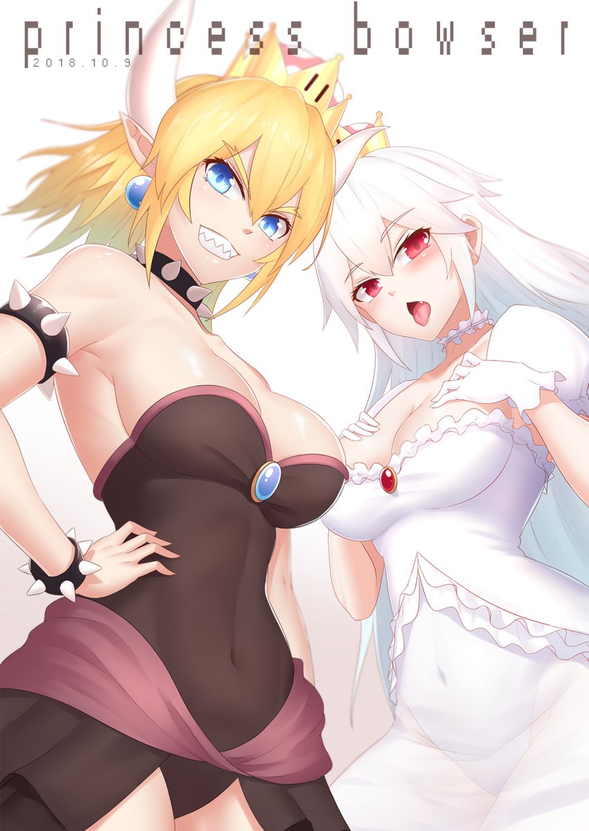 bare_shoulders black_leotard blonde_hair blue_earrings blue_eyes bowsette bracelet breasts bu_li character_name cleavage clenched_teeth collar covered_navel crown dated dress earrings gloves gradient gradient_background hand_on_hip highres horns jewelry large_breasts leotard long_hair looking_at_viewer luigi's_mansion mario_(series) multiple_girls new_super_mario_bros._u_deluxe open_mouth pointy_ears ponytail princess_king_boo red_eyes sharp_teeth short_hair smile spiked_armlet spiked_bracelet spiked_collar spikes super_crown teeth tongue tongue_out white_background white_dress white_gloves white_hair