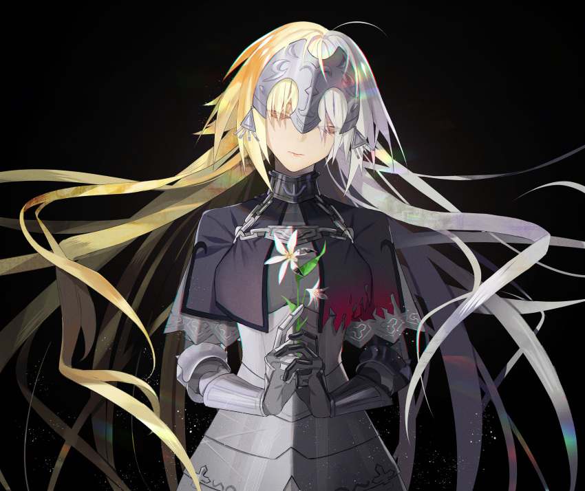 antenna_hair armor armored_dress bangs black_background blonde_hair breasts capelet chain closed_eyes closed_mouth commentary corruption dark_persona english_commentary facing_viewer fate/grand_order fate_(series) flower gauntlets grey_hair head_tilt headpiece highres holding holding_flower jeanne_d'arc_(alter)_(fate) jeanne_d'arc_(fate) jeanne_d'arc_(fate)_(all) light_brown_hair long_hair md5_mismatch medium_breasts multicolored_hair paranoia_www pink_lips purple_capelet simple_background split_theme two-tone_hair underbust very_long_hair