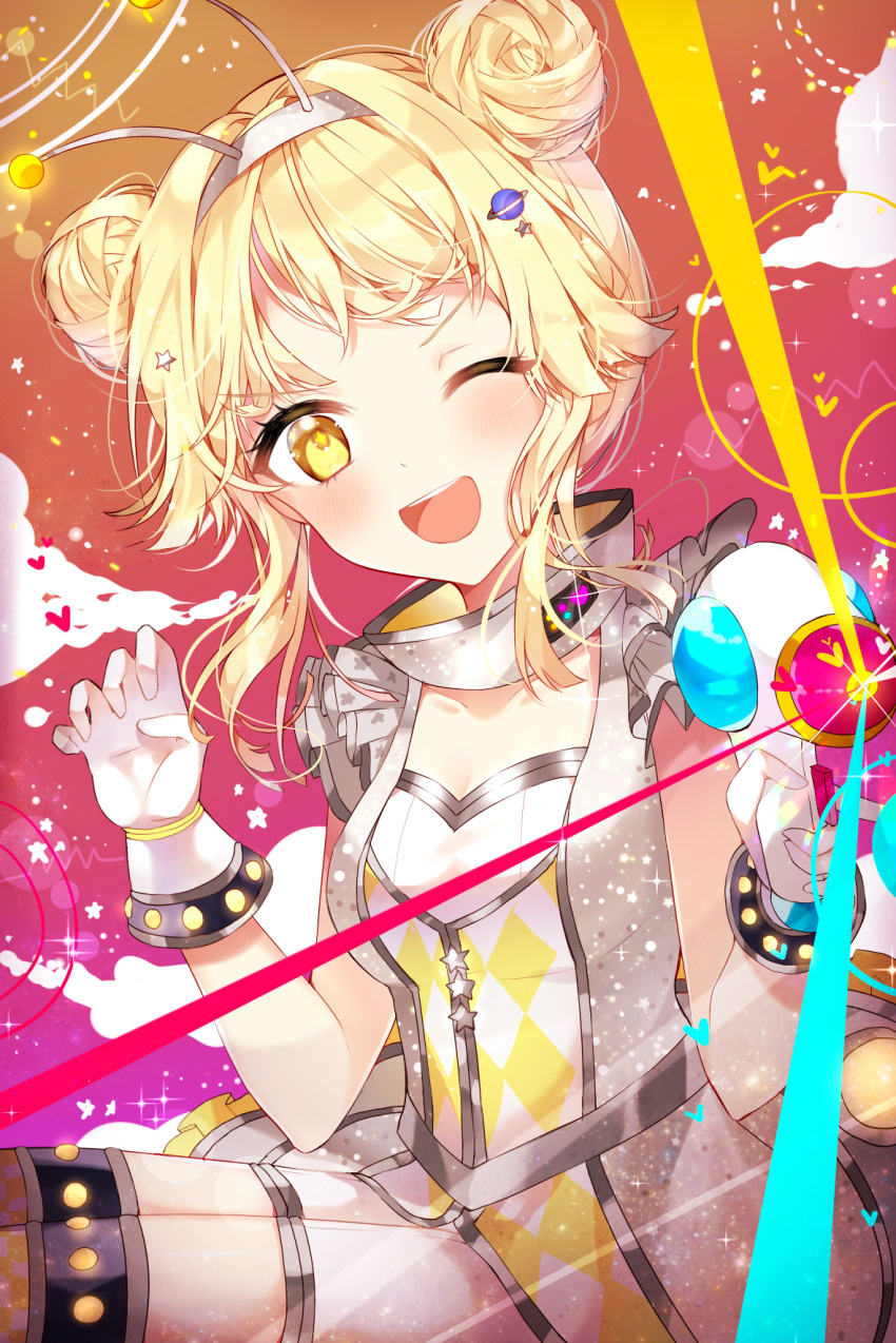 ;d alien_alien_(vocaloid) alternate_hairstyle antennae bang_dream! bangs blonde_hair double_bun dress energy_gun eyebrows_visible_through_hair fake_antennae frills gloves hair_ornament hair_up hairband heart highres holding looking_at_viewer one_eye_closed open_mouth planet_hair_ornament ray_gun round_teeth sidelocks smile solo star star_hair_ornament taya_5323203 teeth tsurumaki_kokoro upper_teeth vocaloid weapon