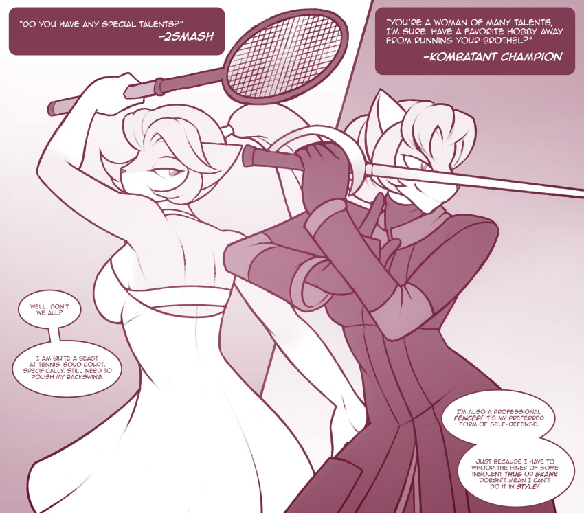 anthro ask_blog breasts canine clothed clothing dialogue dress english_text female fox fully_clothed hair hair_bun karma_faye mammal marik_azemus34 melee_weapon monochrome ponytail prostitution solo speech_bubble sport sword tennis text weapon