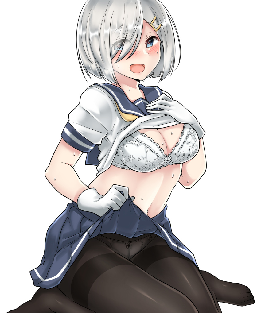 absurdres blue_eyes blue_skirt blush bra breasts cleavage commentary_request crotch_seam gloves hair_ornament hair_over_one_eye hairclip hamakaze_(kantai_collection) heart heart-shaped_pupils highres kantai_collection kiritto large_breasts looking_at_viewer midriff navel open_mouth panties panties_under_pantyhose pantyhose pleated_skirt sailor_collar school_uniform self_exposure serafuku shirt_lift shirt_pull short_hair short_sleeves silver_hair simple_background sitting skirt skirt_pull solo striped striped_skirt symbol-shaped_pupils thighband_pantyhose underwear wariza wet white_background white_gloves white_panties