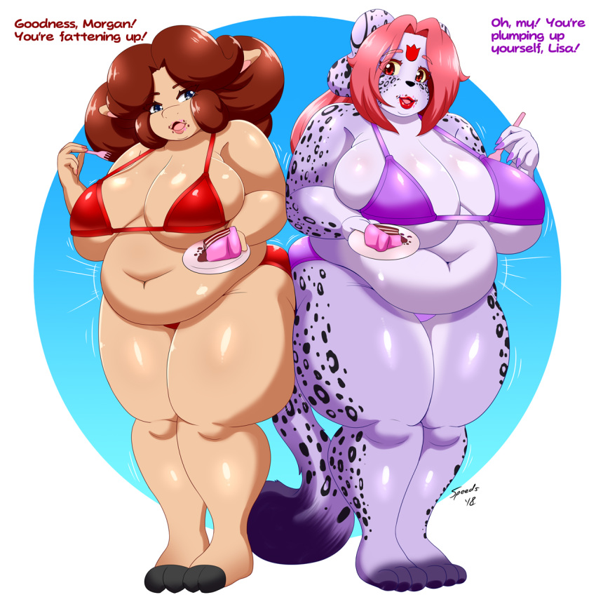 2018 anthro belly big_breasts bikini biped bovine breasts cake clothing deep_navel dialogue digital_media_(artwork) duo english_text feline female food hi_res leopard mammal navel obese overweight overweight_female slightly_chubby snow_leopard speeds swimsuit tagme text thick_thighs weight_gain