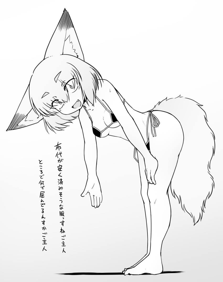 :d animal_humanoid bikini breasts canine clothed clothing dipstick_ears fangs female fluffy fluffy_tail fox_humanoid gosuzun greyscale hair humanoid inner_ear_fluff japanese_text leaning leaning_forward mammal micro_bikini monochrome open_mouth sakifox short_hair solo swimsuit text translation_request