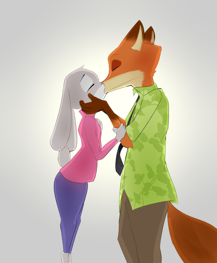 anthro canine clothing denyfake disney eyes_closed female flat_chested fox grey_background hi_res judy_hopps kissing lagomorph leaning leaning_forward male male/female mammal necktie nick_wilde pants rabbit shirt side_view simple_background standing zootopia