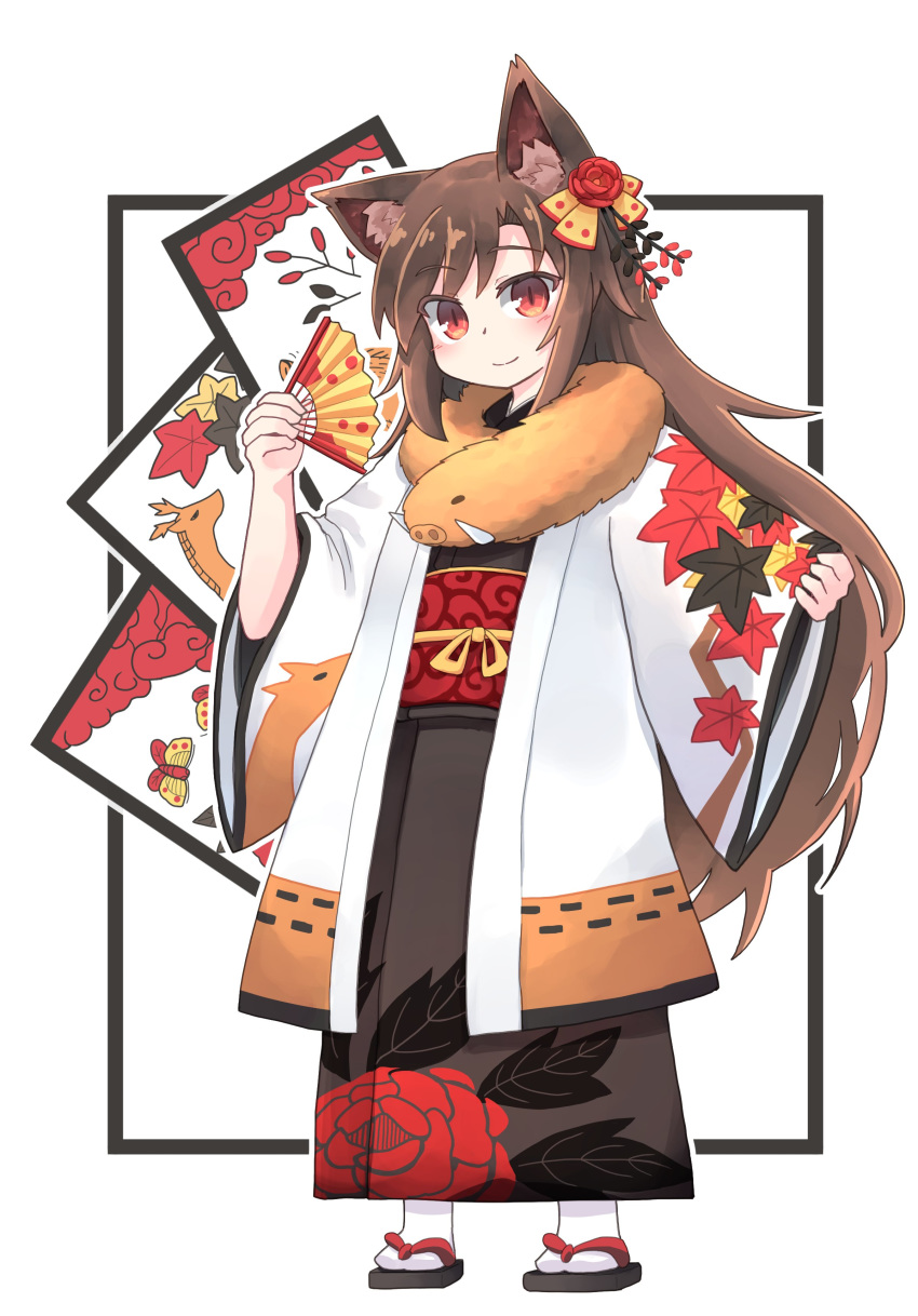 absurdres alternate_costume animal_ears blush boar brown_hair bug butterfly closed_mouth commentary deer eyebrows_visible_through_hair fan floral_print flower folding_fan full_body fur_collar hair_flower hair_ornament hanafuda haori highres holding holding_fan imaizumi_kagerou insect japanese_clothes kibisake kimono leaf leaf_print long_hair long_sleeves looking_at_viewer maple_leaf obi pinching_sleeves red_eyes sash slit_pupils smile solo standing tabi touhou very_long_hair wide_sleeves wolf_ears zouri