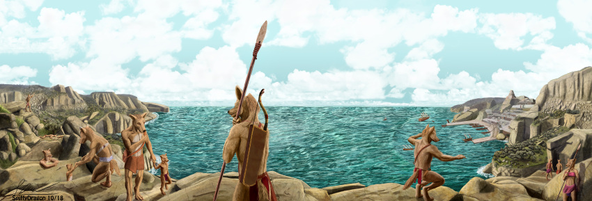 anthro arrow bow_(weapon) canine city cliffs clothed clothing cloud detailed_background group illustration jackal jungle konosay(spiffydragon) loincloth mammal melee_weapon novel panoramic polearm ranged_weapon rock sea seaside shadows_of_cruelty shadowsofcruelty spear spiffydragon tribal water weapon