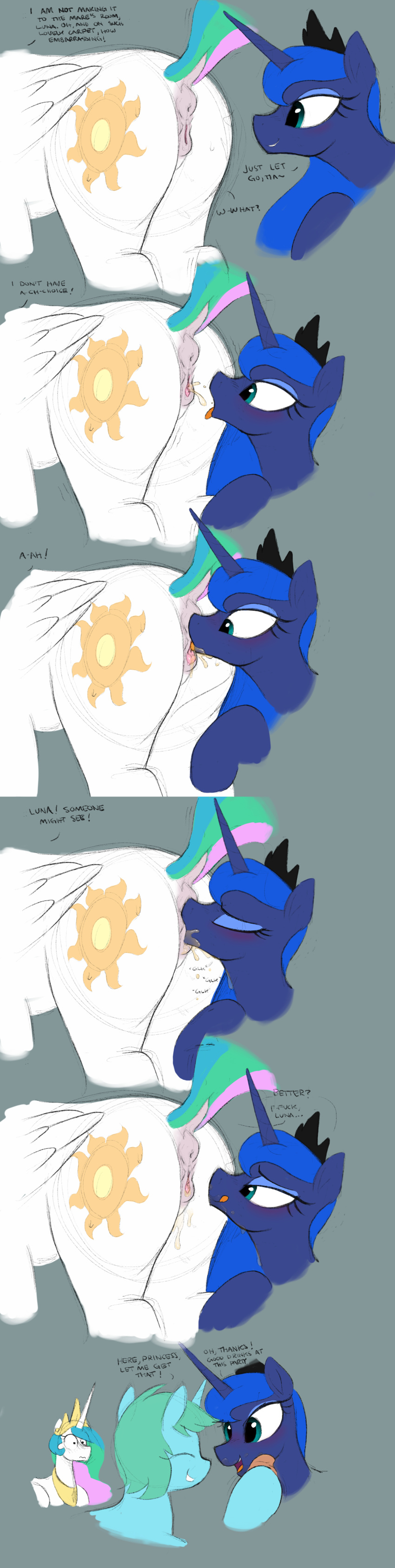 2018 absurd_res anatomically_correct anatomically_correct_pussy animal_genitalia animal_pussy anus butt cutie_mark dialogue dock english_text equine equine_pussy eyes_closed female feral friendship_is_magic hair hi_res horn incest mammal my_little_pony oral princess_celestia_(mlp) princess_luna_(mlp) pussy selenophile sex simple_background text tongue tongue_out unicorn urine watersports wings