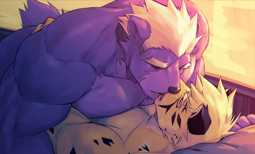 anthro bear biceps big_muscles feline fur hair kissing kuron male male/male mammal muscular muscular_male nude