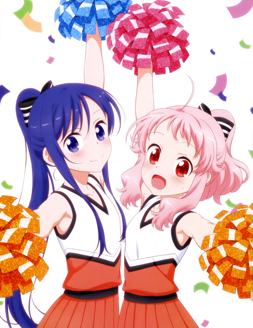 :d absurdres ahoge anima_yell! arima_hizume arm_up artist_request blush bow cheerleader closed_mouth collarbone confetti eyebrows_visible_through_hair hair_bow hatoya_kohane head_tilt highres long_hair looking_at_viewer multiple_girls open_mouth orange_skirt outstretched_arms pink_hair pleated_skirt pom_poms ponytail purple_eyes purple_hair red_eyes scan shirt skirt sleeveless sleeveless_shirt smile striped striped_bow sweat very_long_hair white_background