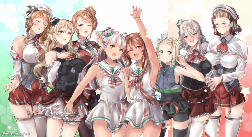 anchor aquila_(kantai_collection) armpits bangs bare_shoulders black_legwear blonde_hair blunt_bangs brown_eyes brown_hair capelet closed_eyes collarbone corset detached_sleeves dress fang flat_chest garter_straps glasses green_eyes grey_hair hair_ornament hairband hairclip hat headdress italian_flag italy jacket juurouta kantai_collection leg_garter libeccio_(kantai_collection) littorio_(kantai_collection) long_hair luigi_torelli_(kantai_collection) maestrale_(kantai_collection) mini_hat miniskirt multiple_girls one_eye_closed open_mouth orange_hair pince-nez pleated_skirt pola_(kantai_collection) red_jacket red_skirt remodel_(kantai_collection) roma_(kantai_collection) sailor_dress shirt short_bangs short_hair sidelocks silver_hair skirt sleeveless sleeveless_dress smile standing swimsuit tan thighhighs twintails wavy_hair white_dress white_hairband white_legwear white_shirt zara_(kantai_collection)