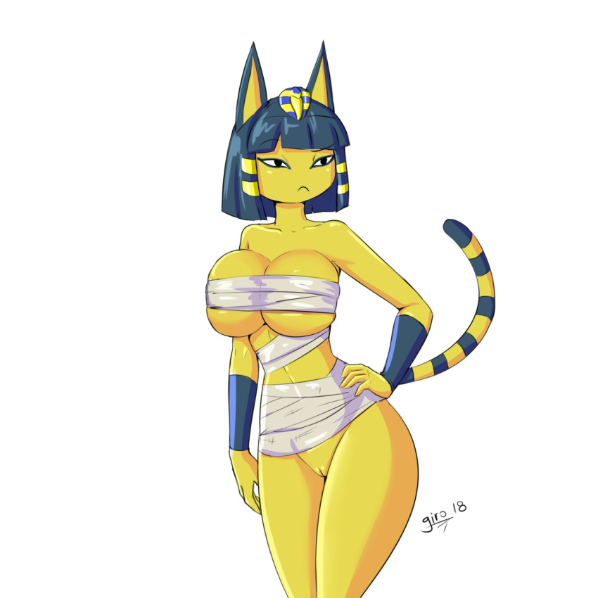 animal_crossing ankha_(animal_crossing) anthro bandage big_breasts bottomless breasts clothed clothing egyptian feline female girokett makeup mammal mascara nintendo pussy solo standing video_games voluptuous wide_hips